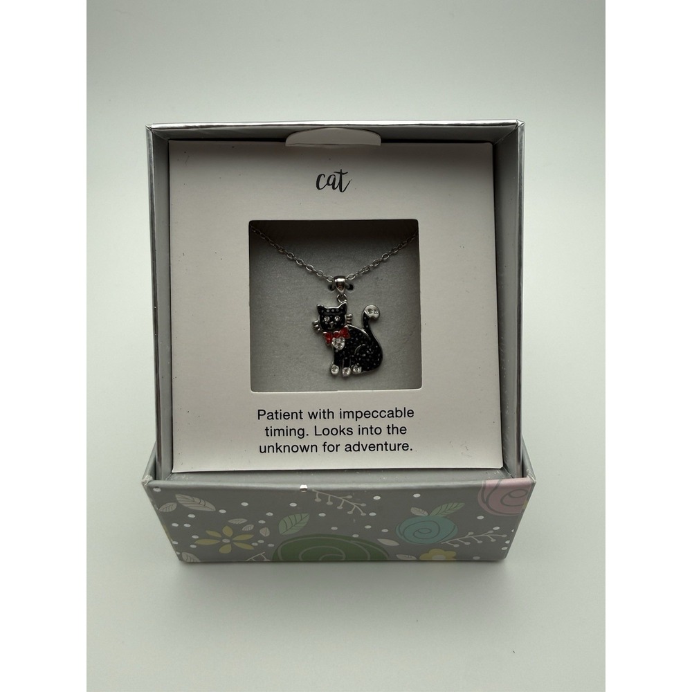 Cat Necklace 18" Siver plated Black And White Diamonds, Red Bow, Kohls New